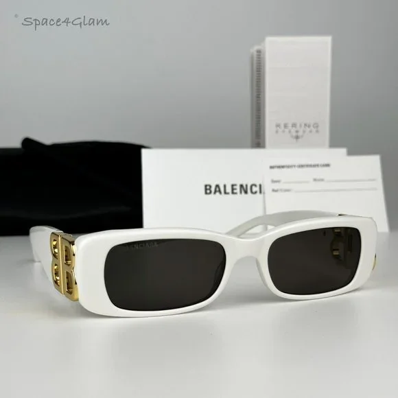 NEW Balenciaga BB0096S 011 White Gold Logo Grey Rectangle Unisex Sunglasses Balenciaga Men Sunglasses White Gold Logo Grey Rectangle  main image 2
